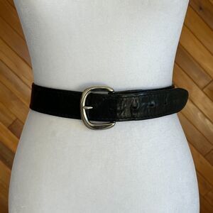 Vintage Black Leather Belt with Silver Buckle.